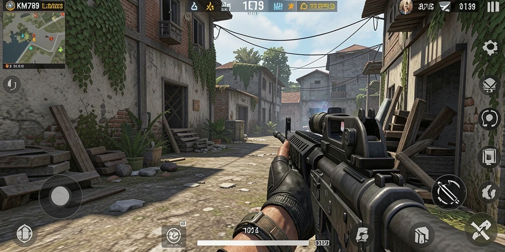 Screenshot permainan KM789 menampilkan aksi intens dalam pertempuran FPS.