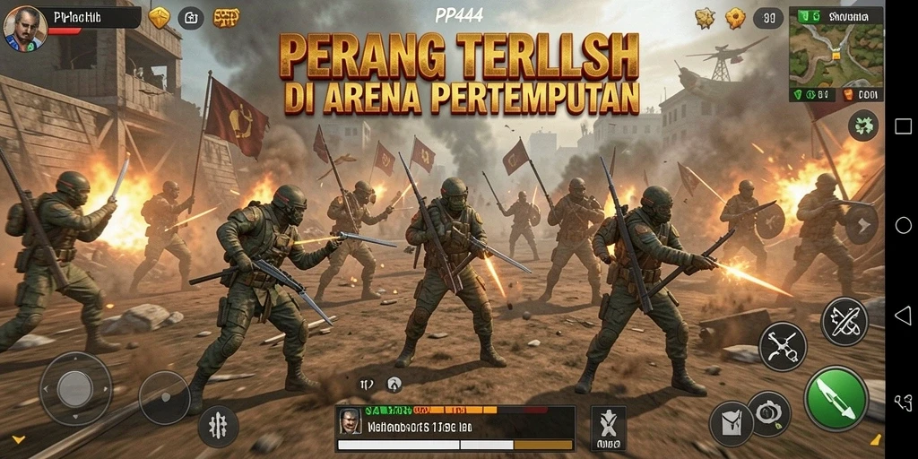 Tangkapan layar utama PP444 menampilkan aksi seru dalam arena Battle Royale.