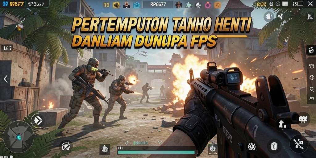 Screenshot menunjukkan pertempuran seru dalam game FPS RP6677.