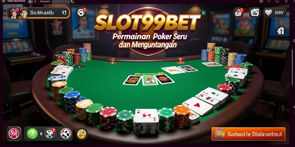 Tampilan screenshot utama SLOT99BET menampilkan suasana meja poker yang mendebarkan.