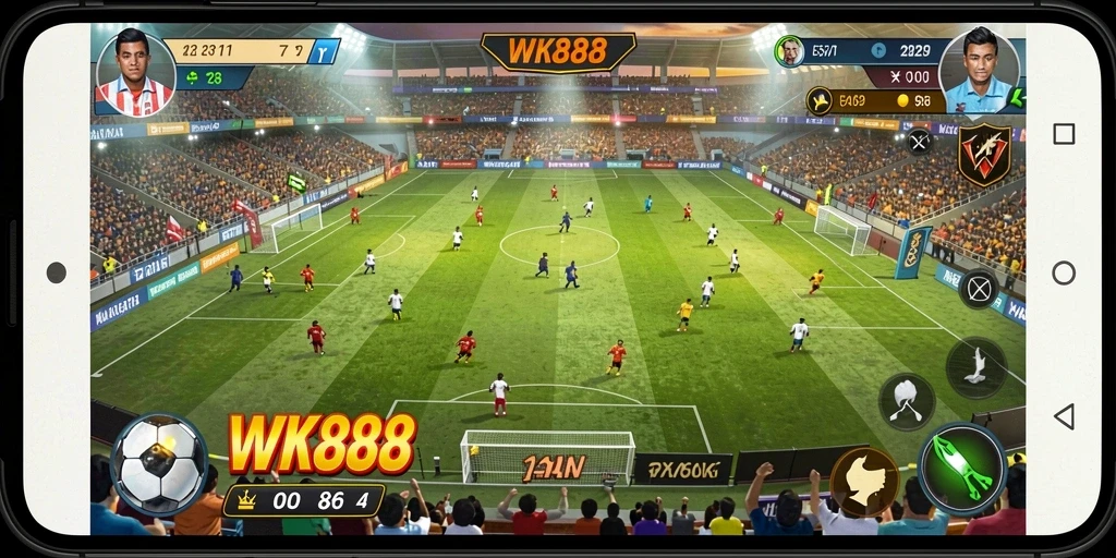 Tampilan gameplay WK888 dengan aksi sepak bola yang mendebarkan.